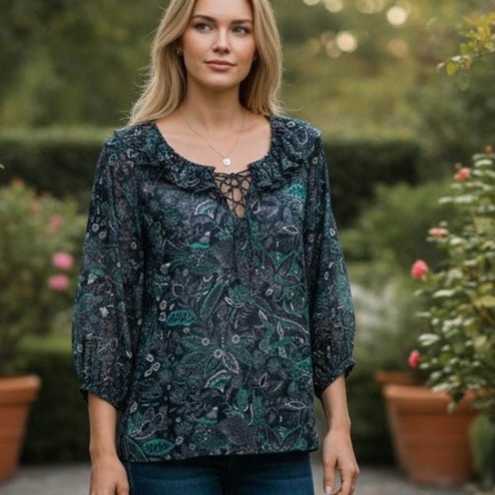 Anthropologie Navy Teal Floral Ruffle Lace Up Puff Sleeve Boho Blouse Small